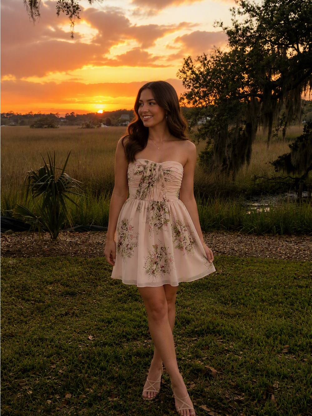 Strapless Pink Floral Printed Dress